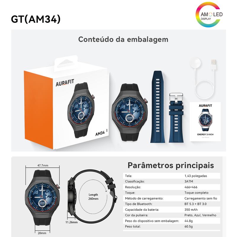 Smartwatch Aurafit AM18 AMOLED – Saúde, Estilo e Alta Performance